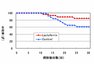【実験1】LF添加飼料で飼育したマウスにX線を全身照射した後の生存率