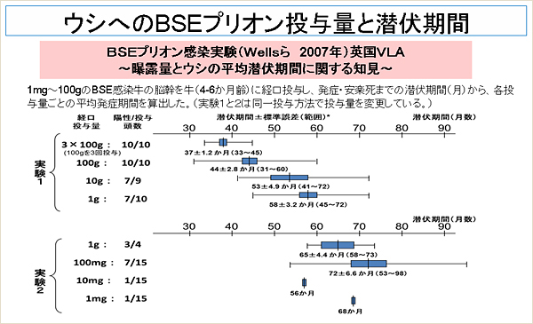 ウシへのBSEプリオン投与量と潜伏期間