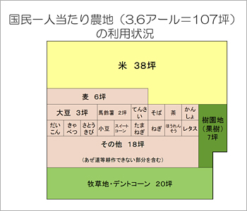 国民一人当たり農地（3.6アール＝107坪）の利用状況