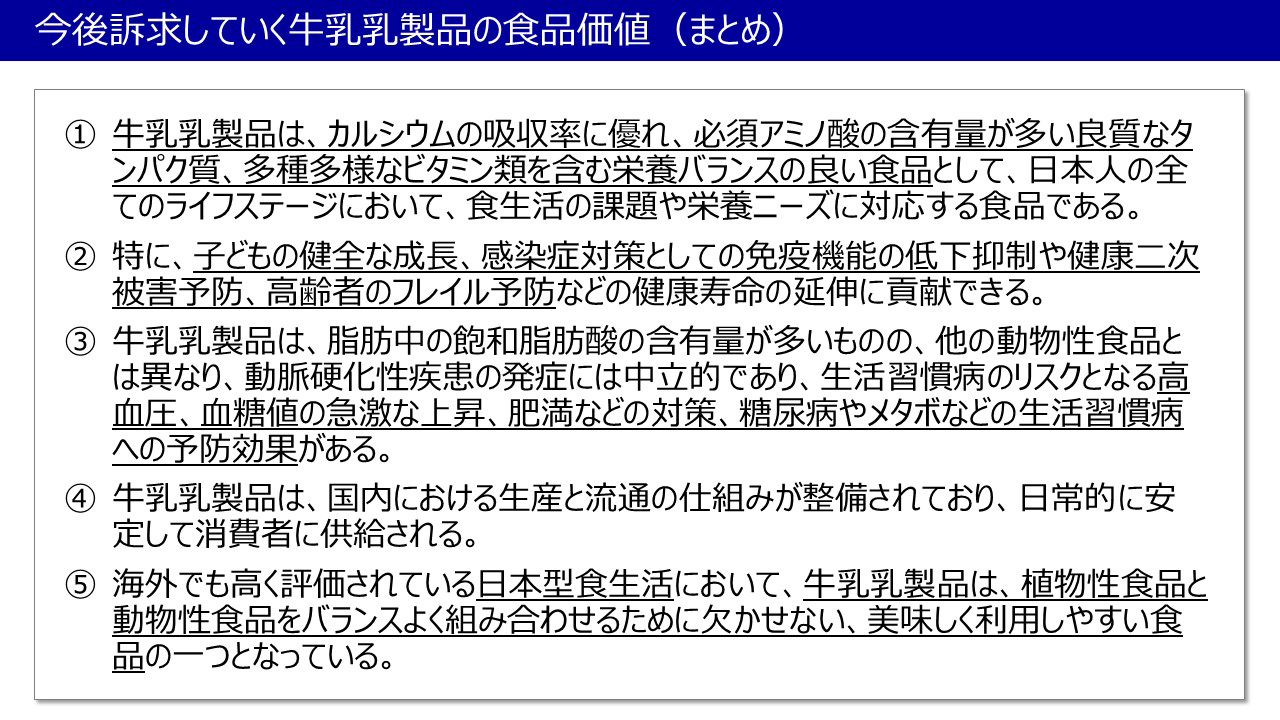 今後訴求していく牛乳乳製品の食品価値（まとめ）